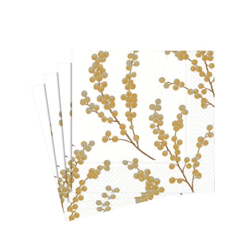 Caspari Entertaining with Caspari Berry Branches Paper Cocktail Napkin, White and Gold, Pack of 20 - Image 1